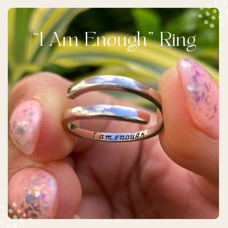 Load image into Gallery viewer, sterling silver adjustable I Am Enough Ring by shopywca o’ahu close up
