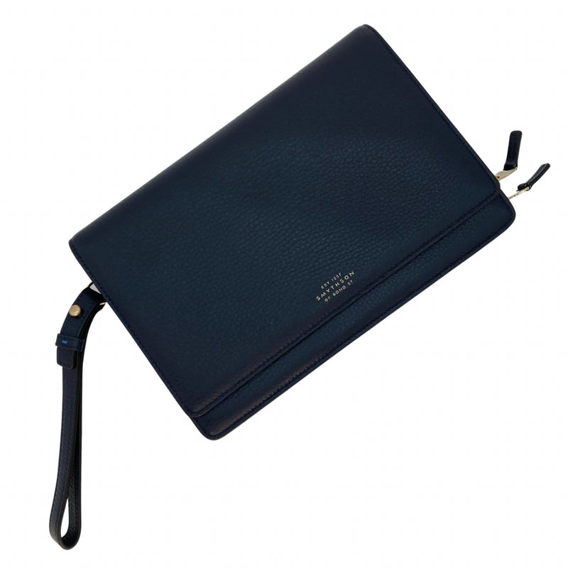 Load image into Gallery viewer, Smythson of Bond Street Navy Blue Leather Clutch with wrist strap view
